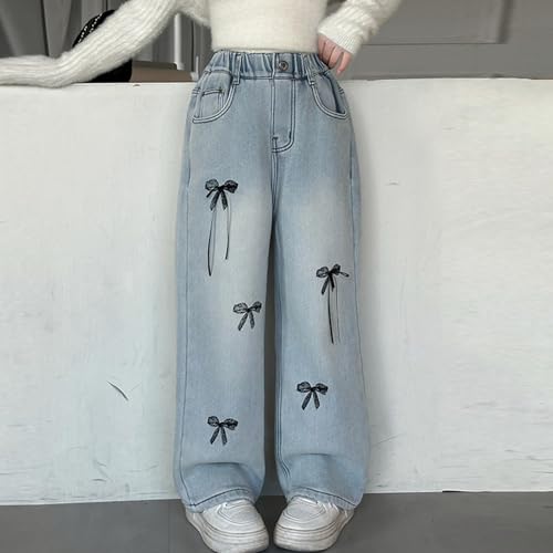 Girls Wide Leg Jeans Elastic Waist Heart Embroidery Ripped Denim Pants Kids Straight Y2k Casual Streetwear Trousers 4-14T2