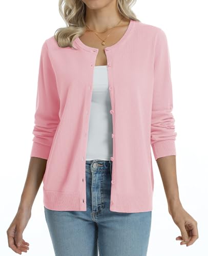 Image of QUALFORT Women's 100% Cotton Lightweight Cardigans Long Sleeve Knitted Button Down Sweater