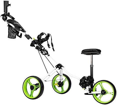 PEXMOR Golf Push Cart, 3 Wheel Folding Golf Trolley w/Seat, Foot Brake, Umbrella Holder, Cup Holder, Scoreboard Bag, Easy Push and Pull Golf Cart