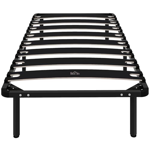 HOMCOM Somier 90x190 cm, Altura 26 cm, Estructura de Cama de Plataforma de Acero con Espacio de Almacenamiento Debajo y Láminas de Álamo, Fácil de Montar, Carga 300 kg, Negro