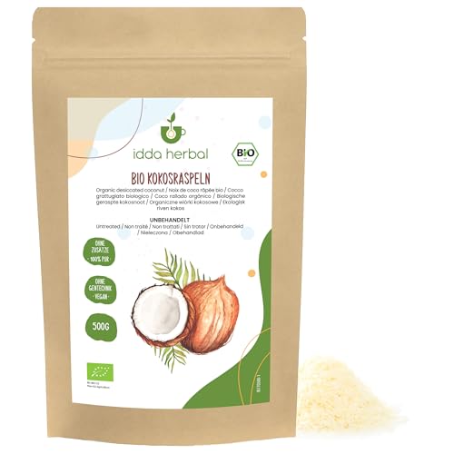 IDDA Herbal Coco Desecado Orgánico 500g, Coco Crudo Rallado para Hornear y Cocinar