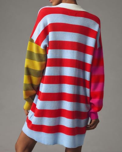 LifeShe Women's Striped Sweater Dress Long Sleeve V Neck Oversized Pullover Sweaters Fall Outfits2