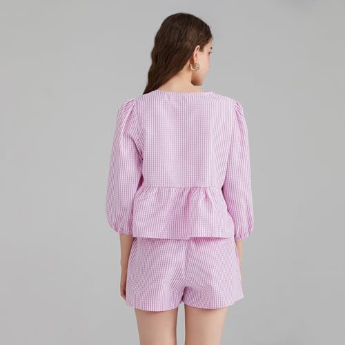 Image of Yuemengxuan Women Y2k Two Piece Plaid Lounge Sets Puff Sleeve Tie front Blouse Top High Waist Shorts Casual Pajamas Sets