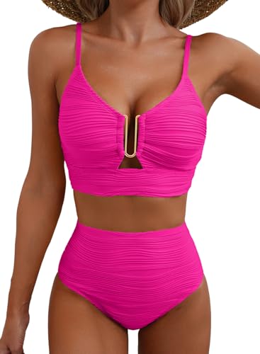 Herseas Women Popular Swimsuits 2 Piece U-Wired Push up Ribbed Ruched High Rise Bikini Sets Modest...