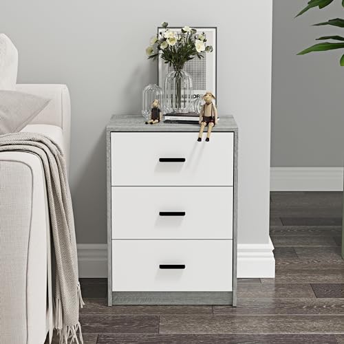 URBNLIVING 3 Drawer Wooden Bedroom Bedside Cabinet (Ash Grey Oak Carcass + White Drawers)