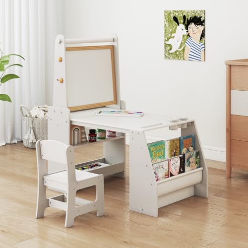 DREAMADE Ensemble Table et Chaise pour Enfants, Chevalet Enfant avec Tableau Blanc & Noir, Rouleau de Papier, Rangement, Table à Dessin en Bois pour Dessiner,...