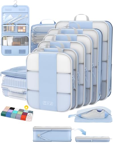 Image of OlarHike 10-Pack Compression Packing Cubes for Travel Essentials,Compressible Expandable Packing Cubes for Suitcase,Luggage Garment Bags for Travel,Handy Helper for Organizing Clothes(Light Blue)