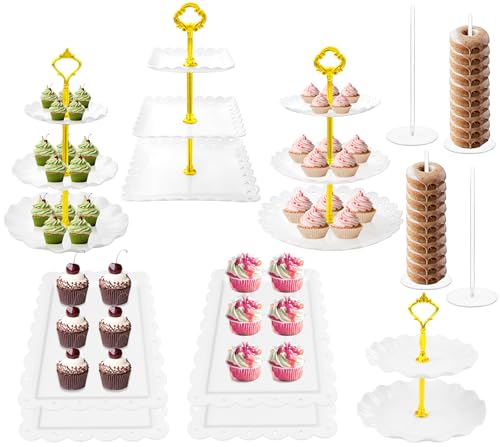 12 Pcs Cupcake Stand Set - White Plastic Dessert Table Display Set, 4 x Cupcake Stands Cookie Tray Rack Serving Tower, 4x Acrylic Donut Stands, 4x Dessert Trays for Wedding Baby Shower Tea Party
