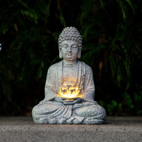 Quterhero Buddha Lotus Statue with Solar Lights, Resin LED Figurine for Garden Decor – Unique Gift for Women and Friends(Grey Buddha)
