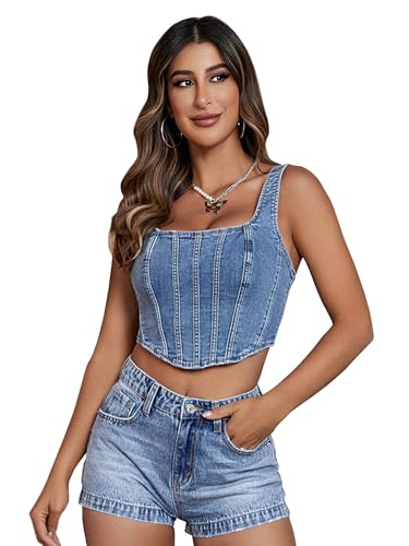 Image of Shasmi Girl's and Women's Blue Denim Crop Top, Square Neck, Sleeveless Corset Style Women Western Cotton Denim Bustier Vest Crop Top | Bralette Blouse | Sleeveless (Denim Top 158)