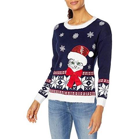 Blizzard Bay Womens L/S Crew Neck Christmas Cat Pullover Sweater - Blue Cover