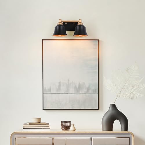 Image of KSANA Bathroom Light Fixtures, 2 Light Black and Gold Powder Room Wall Lights Over Mirror, 14 Inch Modern Farmhouse Metal Vanity Lights
