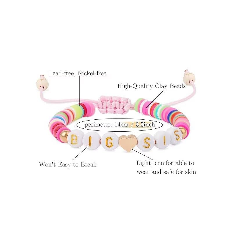 Image of Big Sister Gifts For Little, Pastel Rainbow Heart Rainbow Ball Big Little Sister Bracelet Announcement, Birthday Jewelry