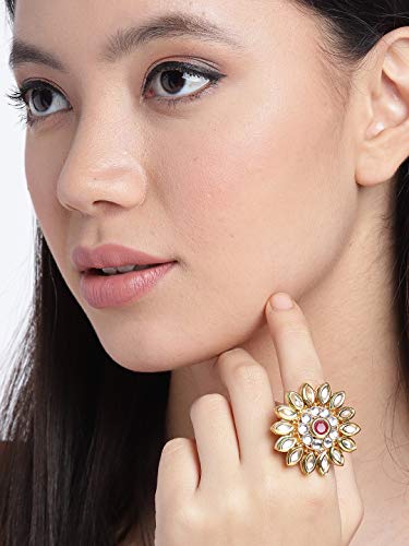 ZAVERI PEARLS Gold Tone Kundan Flower Wedding Collection Adjustable Finger Ring For Women-ZPFK9625 - Image 6