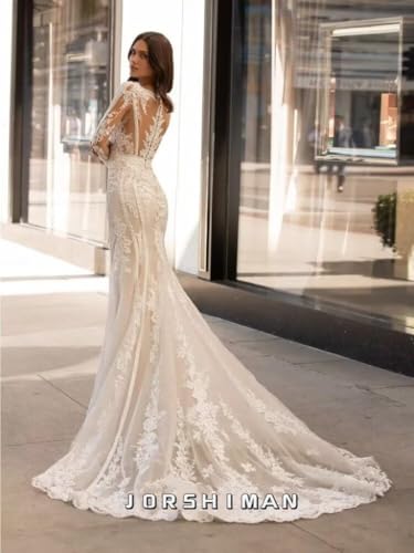 Mermaid Wedding Dresses for Bride 2025 V Neck Boho Bridal Gowns Elegant Lace Beach Bridal Gown with Long Sleeves3