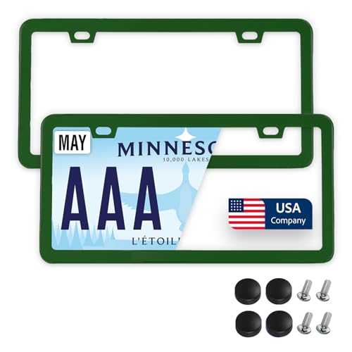 Image of Premium Slim Green License Plate Frames - 2 Pack, Rust-Free Stainless Steel & Rattle-Free, Street Legal, Universal with Screw Caps, Thin Metal Front & Rear Car Tag Holders Unisex