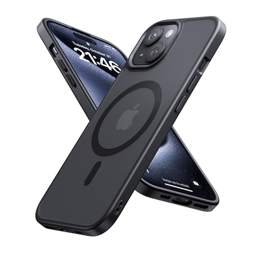 Coque iPhone 15 Plus MagSafe antichoc noire et dos translucide mat