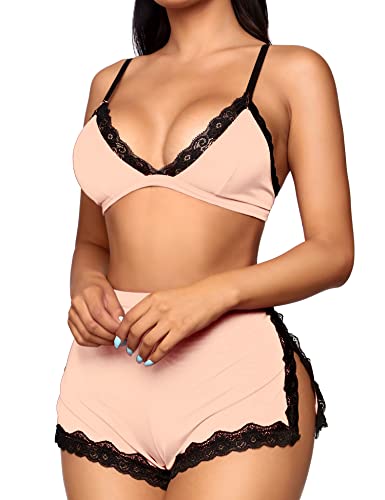 Image of RSLOVE Sexy Pajamas for Women Soft Lingerie Set Lace Trim Sleepwear 2 piece Pjs Shorts Set