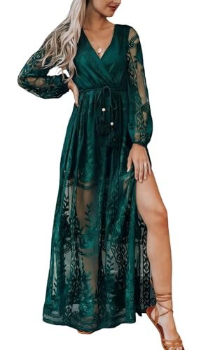 Image of LRISES Womens V Neck Floral Embroidered Lace Wedding Maxi Dress Boho Short Sleeve Slit Bridesmaid Evening Party Dresses