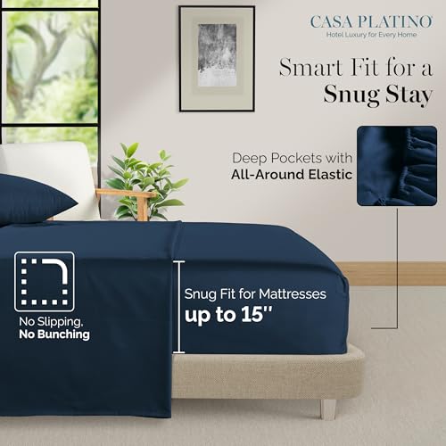 Casa Platino 100% Egyptian Cotton Sheets Twin Size Set - 4 Pcs (1 Flat, 1 Fitted, 2 Pillowcases)- Ultra Smooth Sateen Weave Bed Sheets Set with 15" Deep Pockets - Navy Blue