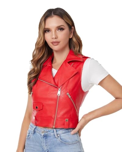 DIASHINY Red Faux Leather Vest For Women Lapel Sleeveless Moto Slim Fit PU Motorcycle Waistcoat 046 S
