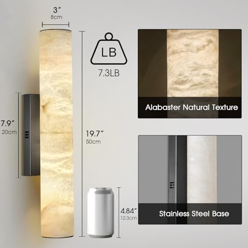 Image of Alabaster Wall Sconce, 20 inch Black Natural Marble Wall Sconces, Dimmable Hardwired Stone Sconces, Modern Tube Wall Sconce for Luxury Bathroom, Bedroom, Hallway, Living Room, Entryway, 1PC