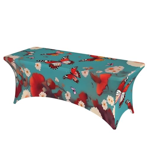 YQxwJL Nappe extensible en élasthanne avec imprimé poule et papillons parmi les fleurs, 1,8 m, pour événement, mariage, banquet, fête
