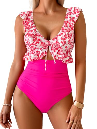 Image of Eomenie One Piece Swimsuit for Women Tummy Control Ruffle Bathing Suit V Neck Ruched Swim Suit Slimming Cutout Swimwear