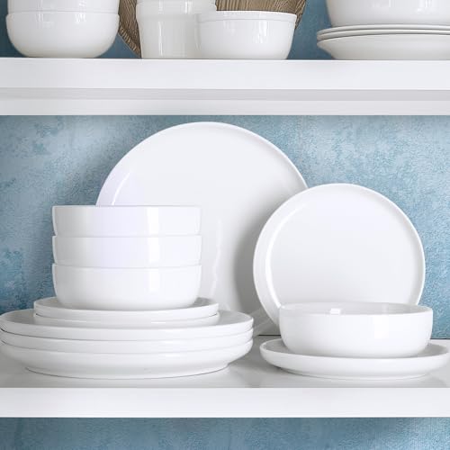 Image of Zulay Kitchen Nova Porcelain Dinnerware Set, Service For 4 - Chip & Scratch Resistant White Plates And Bowls Sets - Microwave & Dishwasher Safe - White