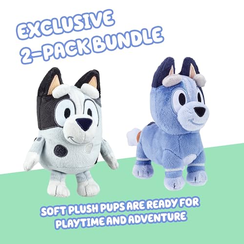 Bluey's cousins Muffin & Socks Plush toy bundle includes 8" Muffin plush & 7.5" Socks plush - made with deluxe fabrics & featuring embroidered details. Collect all of Bluey's plush family & friends!