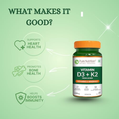 PURE NUTRITION NATURAL TREASURES Vitamin D3 K2 (60 Tablets) | Vitamin D Supplement with Mk7 For Strong Bones, Immunity, Joint & Heart Health | Vitamin d3 from Lichen | Vitamin D tablets