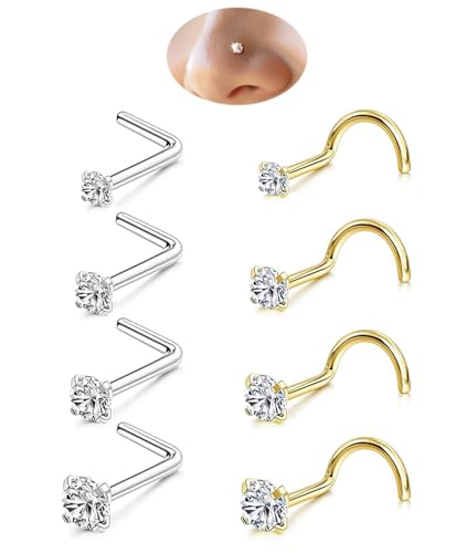 8Pcs 20G Nose Rings Studs Set for Women Men Hypoallergenic Gold/Silver 316L Surgical Stainless Steel Nose Studs L Shaped Corkscrew Body Piercing Jewelryfor Nose Earring CZ 1.5mm 2mm 2.5mm 3mm