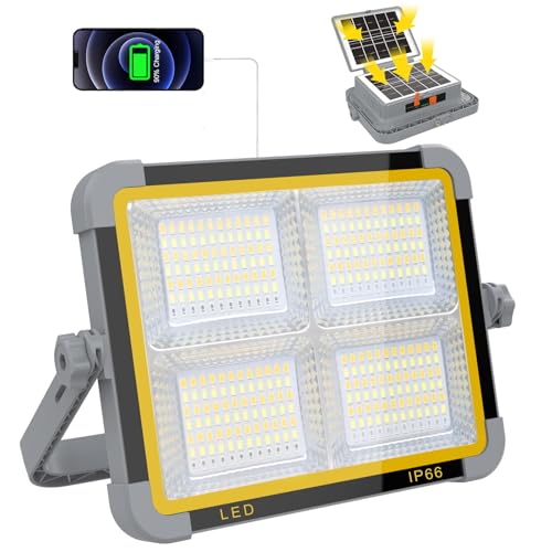 ERAY Foco LED Recargable 150W, Foco de Trabajo Portátil con Doble Panel Solar Batería de 9000mAh/336 LEDs/4 Modos de Luz/IP66/Banco de Energía para Camping, Emergencia, Trabajo