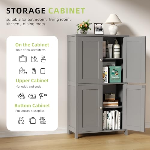 Image of Vongrasig Bathroom Storage Cabinet, Small Bathroom Floor Cabinet with 4 Doors and Adjustable Shelves, Freestanding Modern Cabinet for Bathroom, Kitchen, Living Room, Entryway, Grey