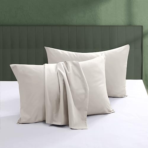 Image of 100% Egyptian Cotton Pillow Protectors Set of 4, 600 Thread Count King Size Bed Pillow Cases with Zipper, Sateen Weave Cooling Pillow Cases Quiet and Breathable Easy Care (4PCS, King, Light Beige)
