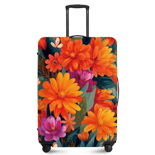 ANNA QUEEN Boho Floral Luggage Cover,Spring Orange Flower Pattern Suitcase Protector,Stretchable,Washable & Water Resistant, Universal Fit for 24-26 Inch Checked Baggage