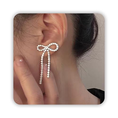 Bow Earrings for Women, Gold/Silver Drop Dangle Tassel Rhinestone Ribbon Stud Earrings as Wedding Earrings for Brides, Bow Jewelry as Wedding Prom Jewelry Statement Earrings for Women - Main Image