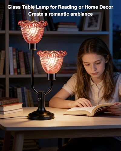 Image of Lightdot Mid Century Modern Table Lamp Dimmable Vintage Red Glass Lamp Gift | Black Desk Lamp 2 Bulbs Included 3000K Warmwhite Nightstand Ambient Bedside Lamps for Bedroom Living Room Home Decor Gift