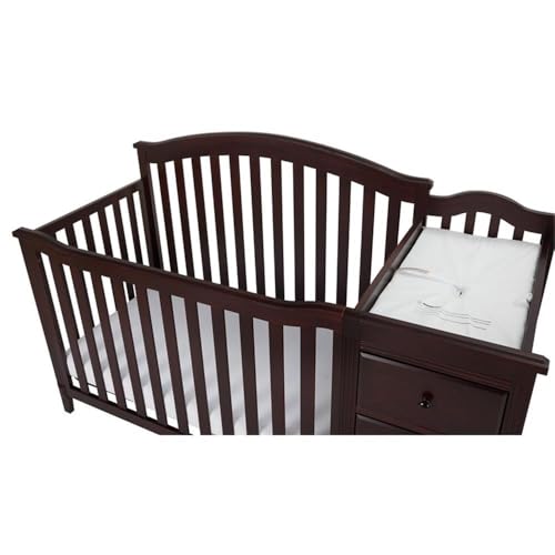 Image of Pemberly Row Solid Wood 4-in-1 Convertible Crib & Changer, Espresso Finish, Includes Changing Pad, 3 Drawers & Shelves, Adjustable Mattress Support, Space-Saving Nursery Furniture for Baby Room