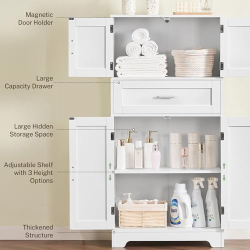 Image of TEENFON Bathroom Storage Cabinet with Adjustable Shelf & Large Drawer | Tall Storage Cabinet with 4 Doors, Kitchen Pantry Storage Cabinets, for Living Room, Dining Room, Entryway, White