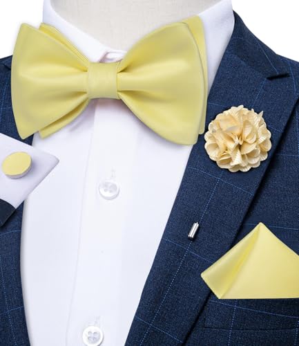 Image of DiBanGu Satin Bow tie Self-Tied Bowtie Set for Men Wedding Prom | Solid Color,Skin-Friendly,Versatile Accessory,Lapel Pin,Pocket Square,Cufflinks,School Dance,Banquet,Dinner,Celebration