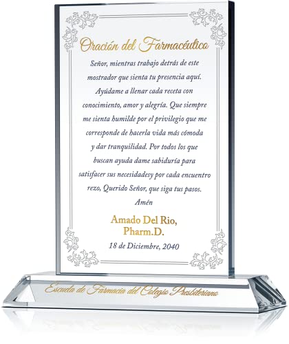 Placa de graduación con la oración del farmacéutico para hijo, hija, novio, novia, hermano, hermana, o los amigos, personalizada con nombre del graduado, datos de la escuela y la fecha