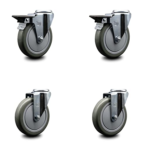 Polyurethane Swivel Bolt Hole Caster Set of 4 w 5 x 1.25 Gray Wheels - Includes 2 with Posi Locking Brakes - 1400 lbs Total Capacity - Service Caster Brand