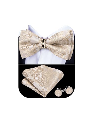 Image of YOHOWA Mens Bow Tie Set Paisley Pre-tied Bowties Adjustable with Handkerchief Cufflinks Gold Ring Set Wedding Prom Party