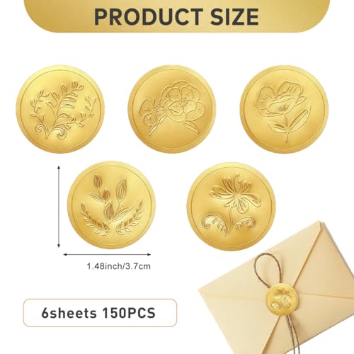Upstore 150 Stück goldgeprägte Briefumschlag-Siegelaufkleber, 5 Muster, 6 Blatt, Vintage, elegant, floral, rund, ohne Stiel, Papier, Innenbereich, Umschlagsiegelaufkleber