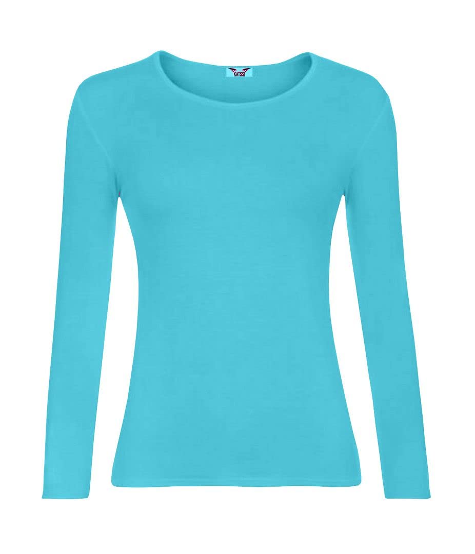 KATSSI Women’s Ladies Long Sleeve Stretch Plain Round Scoop Neck T Shirt Top ML Turquoise