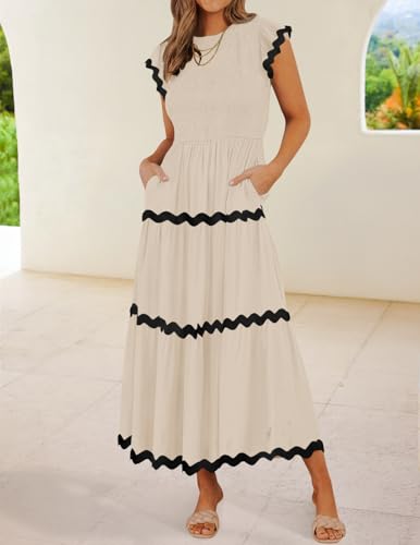 ZESICA Women's Summer Flutter Short Sleeve Smocked Midi Dress Casual High Waist Rickrack Tiered Flowy Dresses2