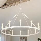 JDfeiFFF Wagon Wheel Chandelier 12 Lights 38-inch Large Vintage White Chandelier Farmhouse Chandelier for Dining Room Ceiling Pendant Light Fixture Living Room Kitchen Island (D0154-12-D)