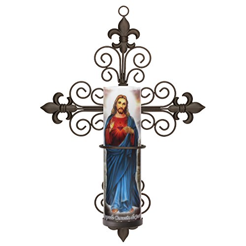 Sacred Heart of Jesus Christ, LED Flameless Candle, W/Fleur de lis Cross Wall Sconce, 6 Hour Timer