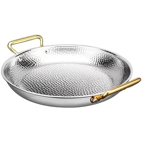 SVRITE Paellera de acero inoxidable martillada a mano sin revestimiento antiadherente con asas dobles -10 tamaños estilo paella sartén de cocina/servir sartenes para camping y reuniones (plata, 26 cm)